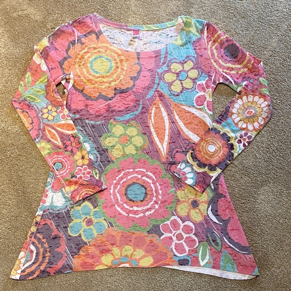 Before+Again Whimsy Rose Thermal Hi/Lo Tunic Waffle L/S Scoop Neck Floral Medium - Picture 1 of 8
